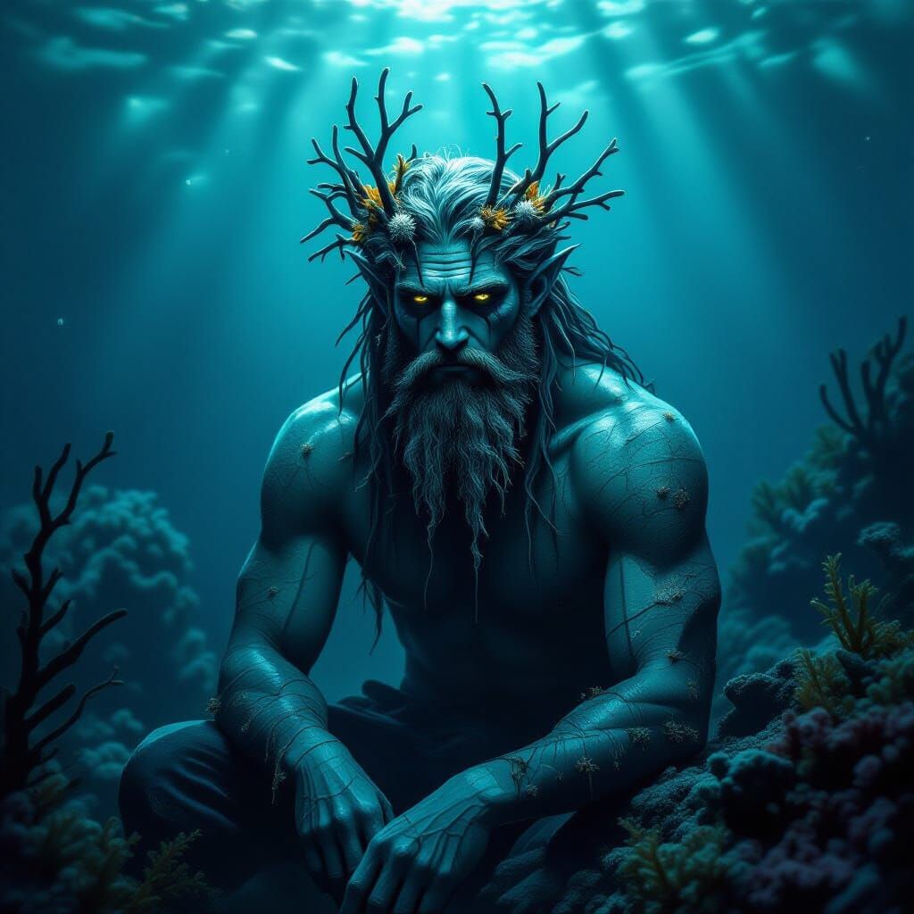 Melancholic Merman on Dark Reef Illuminated by Bioluminescen...