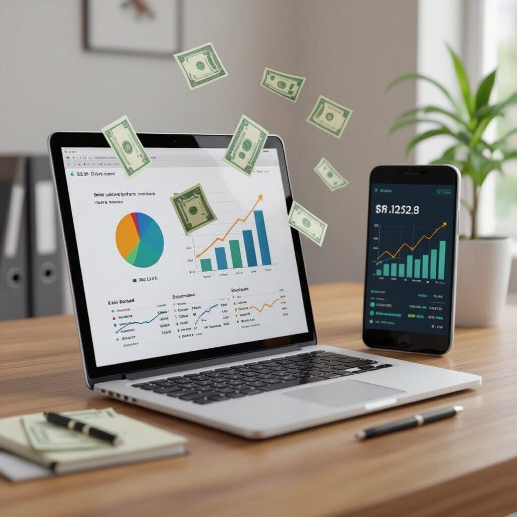 3D Minimalist Illustration of Money Flying From Laptop