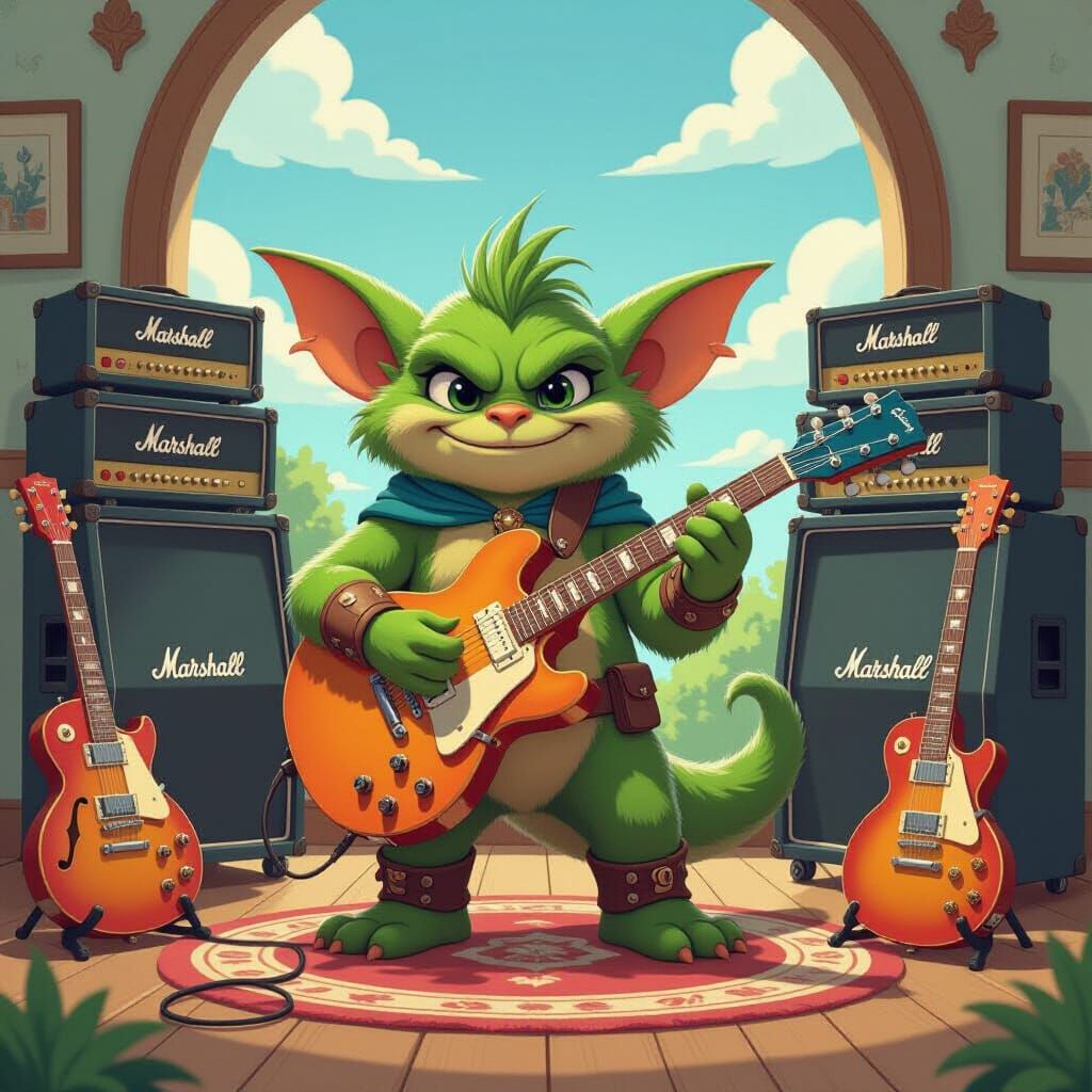 Adorable Gremlin Guitarist with Amps, Anime Style