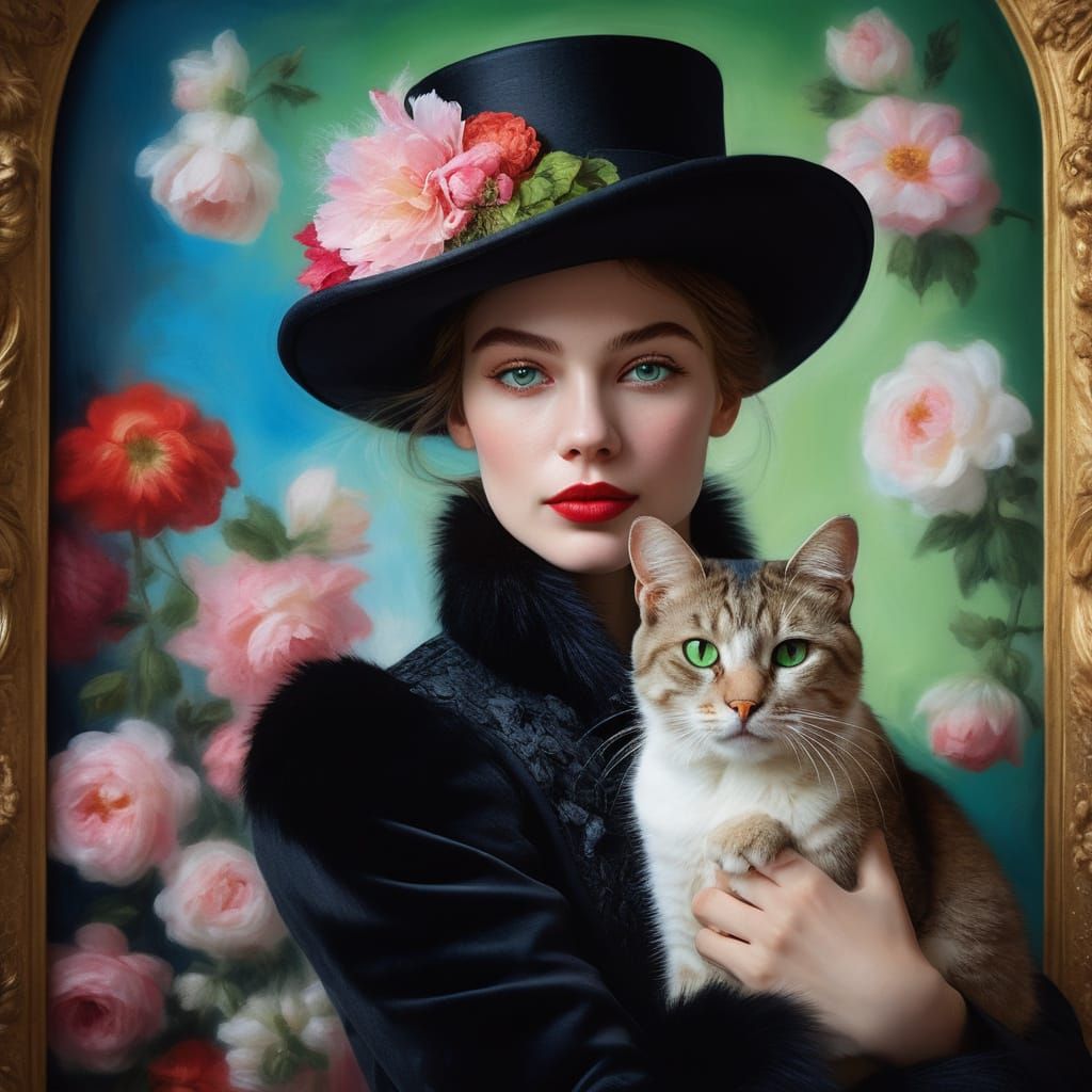 Baroque Beauty with Feline Companion