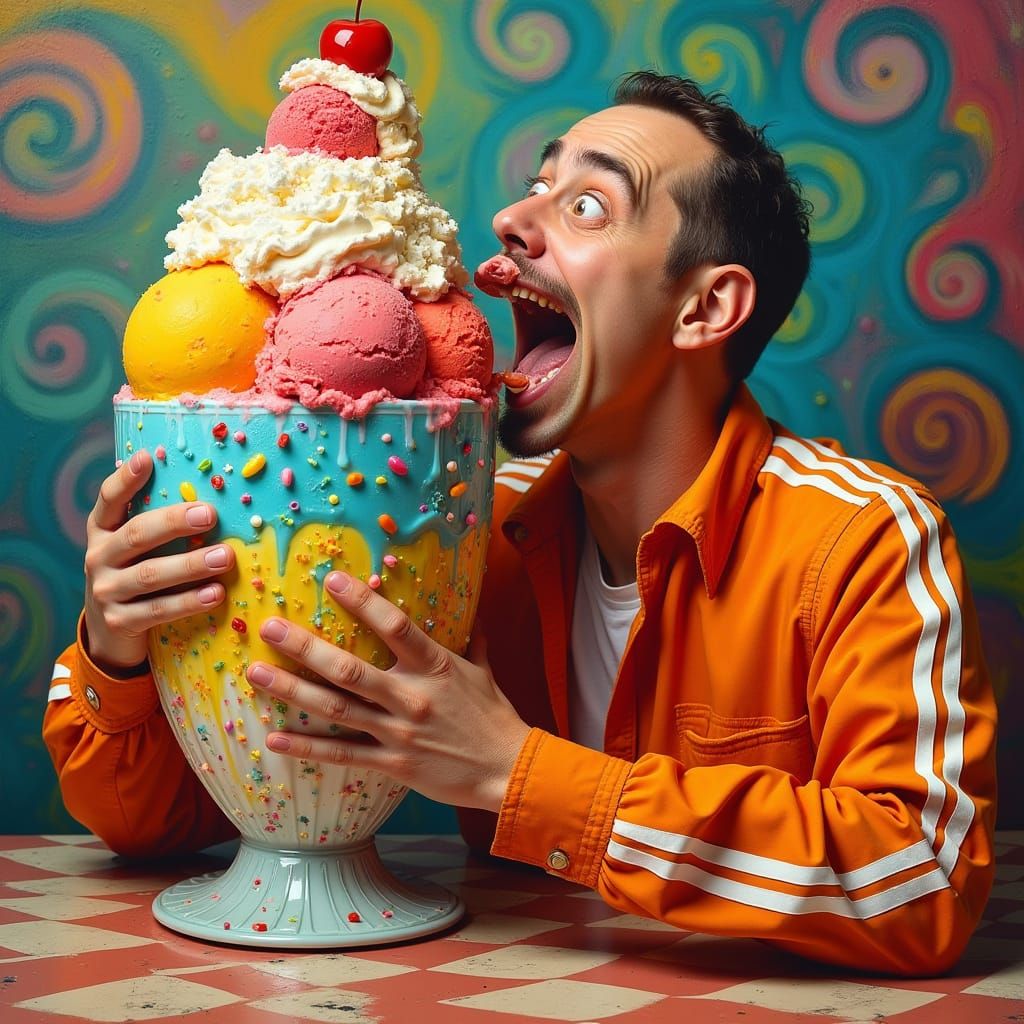 Man Eats Ice Cream in Surrealist Style