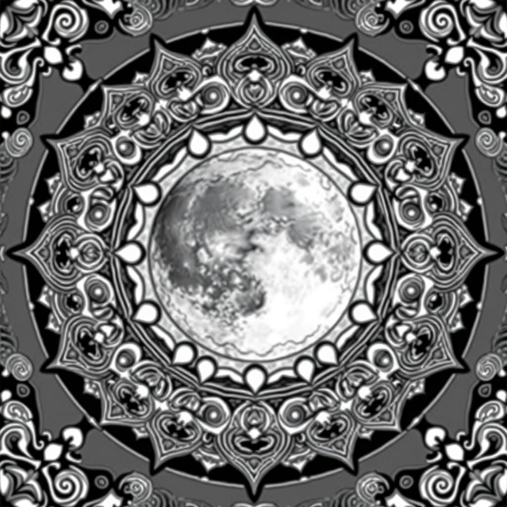 Ethereal Black and White Moon Phase Mandala with Celestial C...