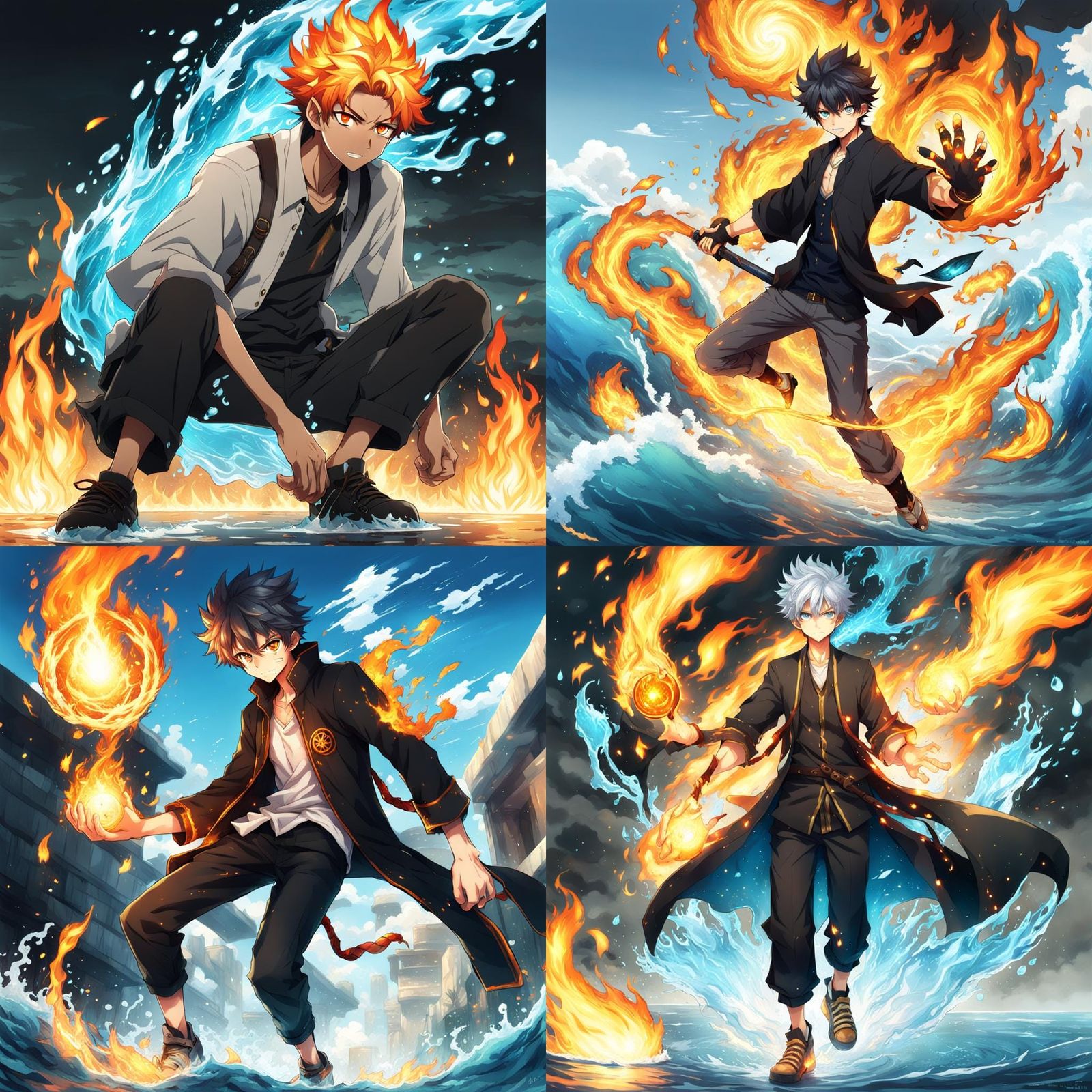 Teenage Water and Fire Elemental in Anime Style