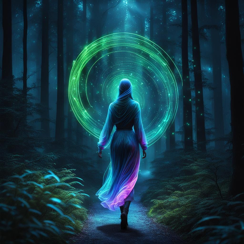 Mysterious Woman in Holographic Forest Fantasy