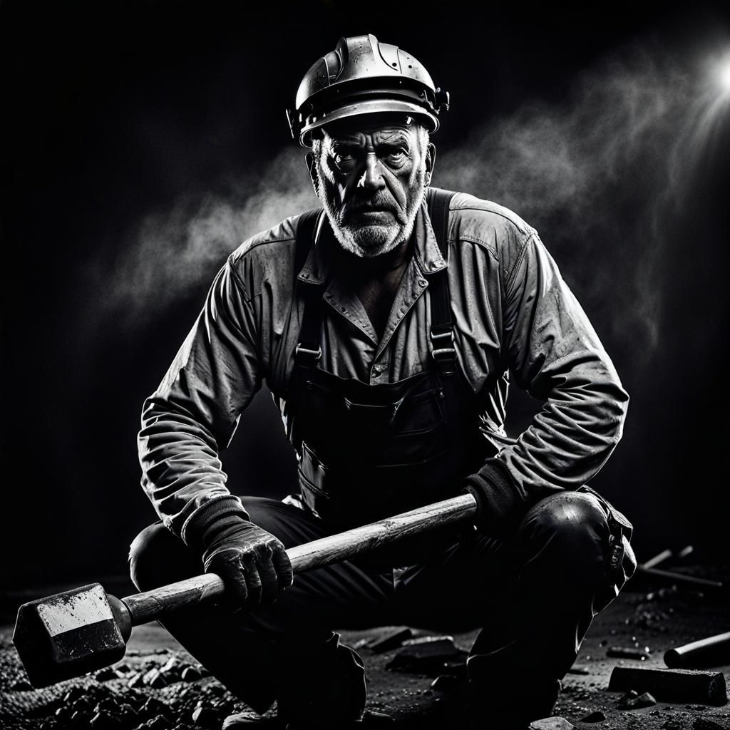 Exhausted Worker with Sledgehammer: Black and White Photo