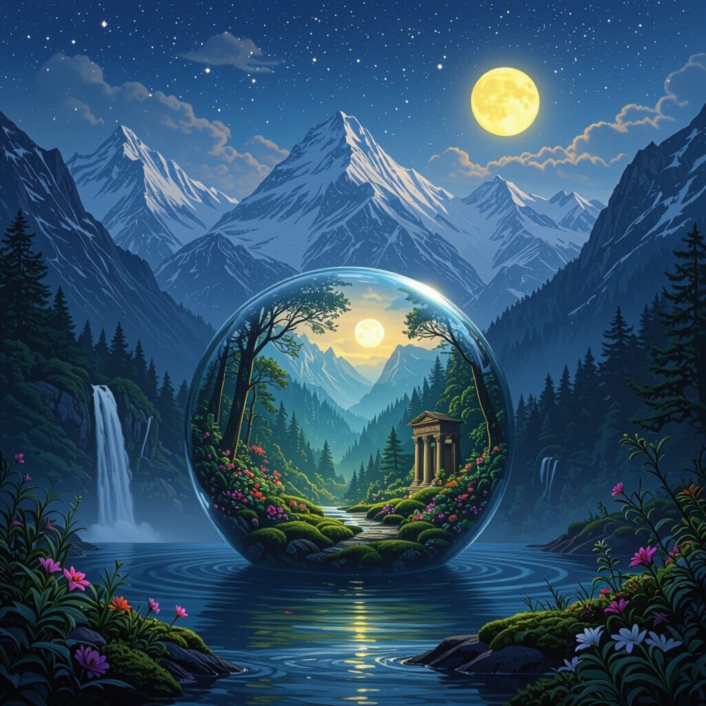 Mysterious Rainforest Under Snow Mountains: Digital Art