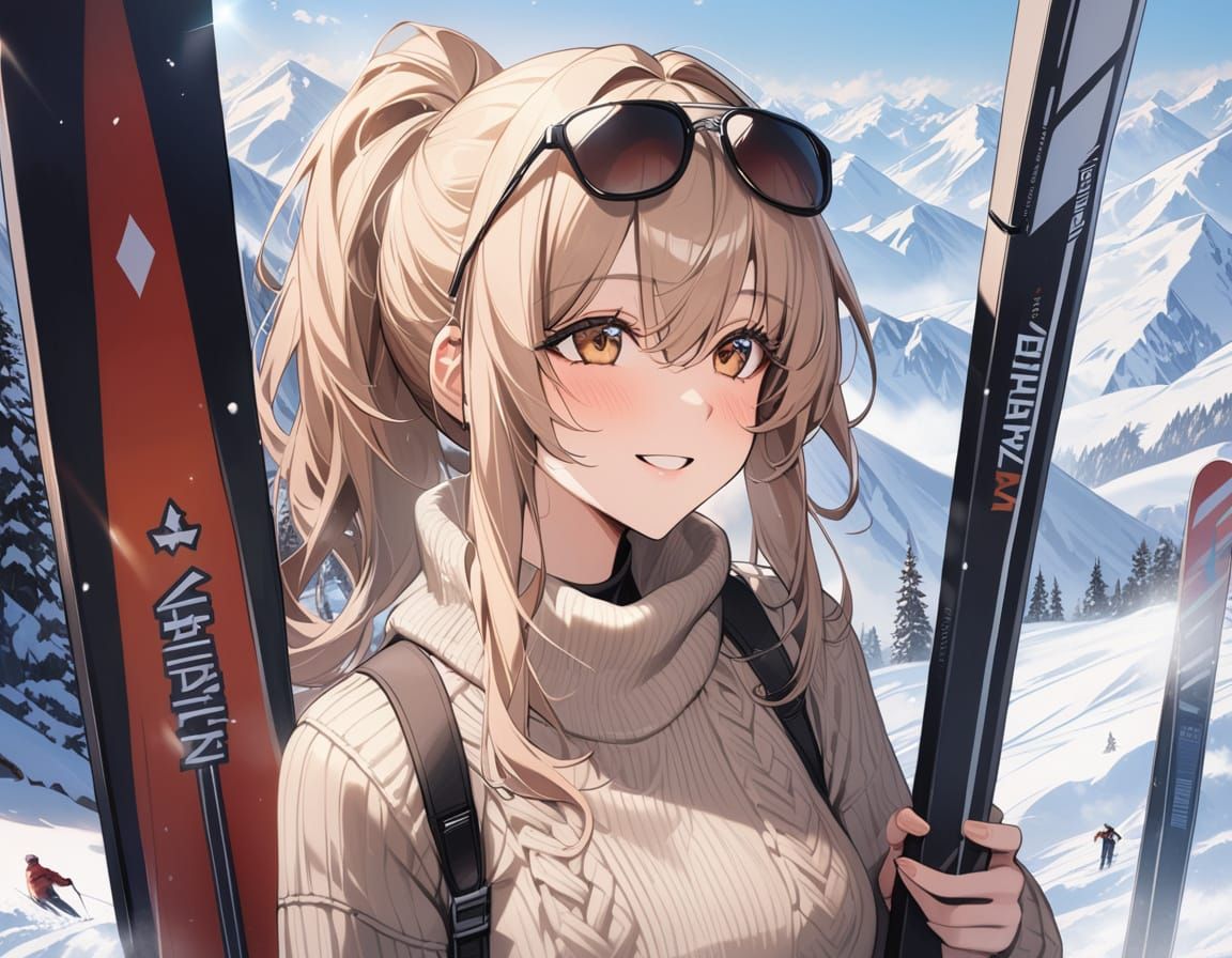 Young Woman Skis Down a Snowy Mountain in Vibrant Style
