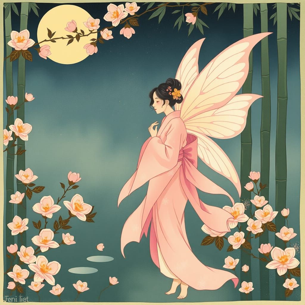 Ethereal Fairy in Ukiyo-e Woodblock Print Style