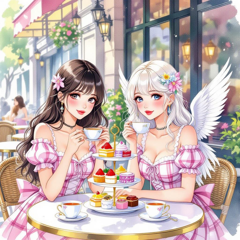 Elegant Women Enjoying Tea in Watercolor Style