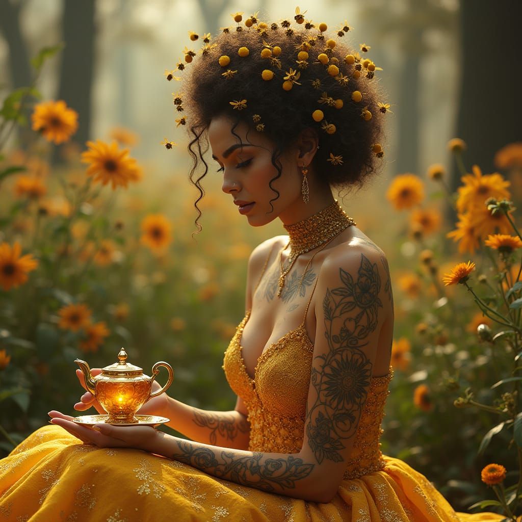 Golden Goddess in Vibrant Garden Setting