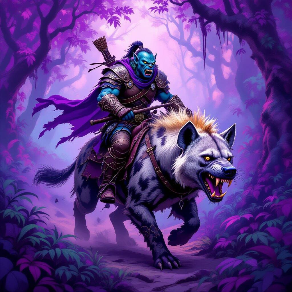 Goblin Warrior Rides Hyena Through Purple Forest