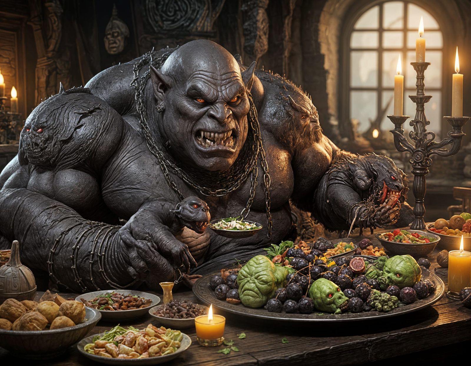 Necromancer Ogre Feast: Dark Fantasy Illustration
