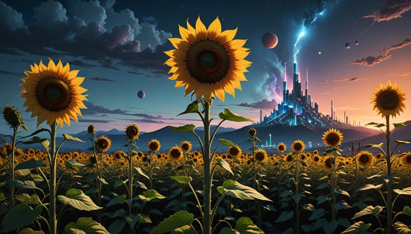 Cyberpunk Sunflowers Towering in Cosmic Landscape