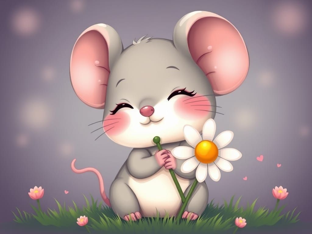 Chibi Mouse with Daisy in Lo-Fi Style