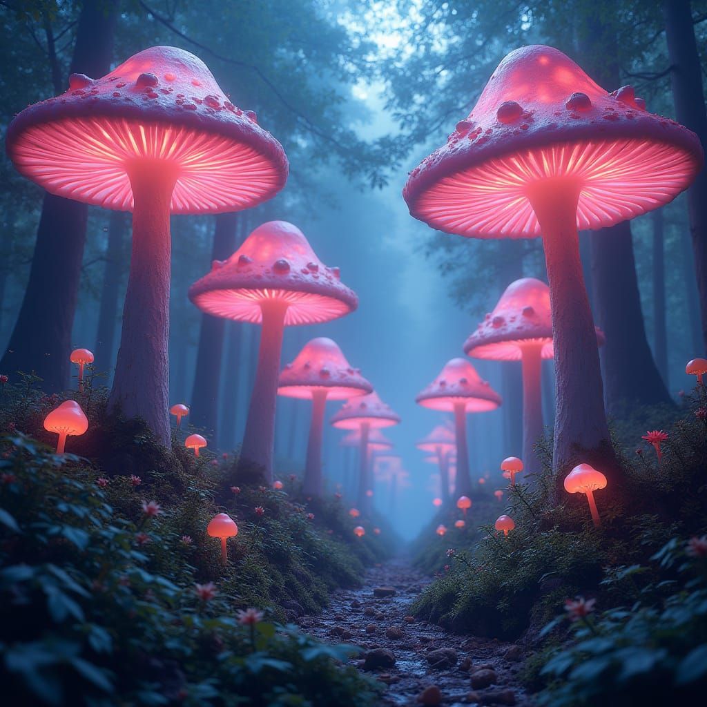 Luminescent Mushroom Forest Inspired by Digital Art