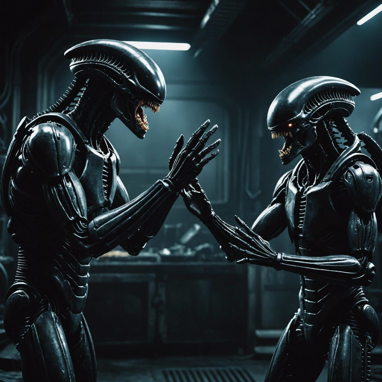 Cinematic Xenomorphs Clapping Hands in Film Still