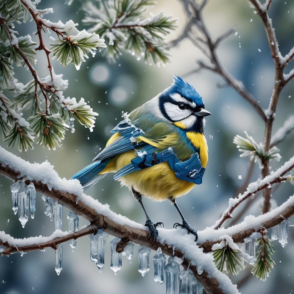 Winter Tree with Blue Tit in Art Nouveau Style