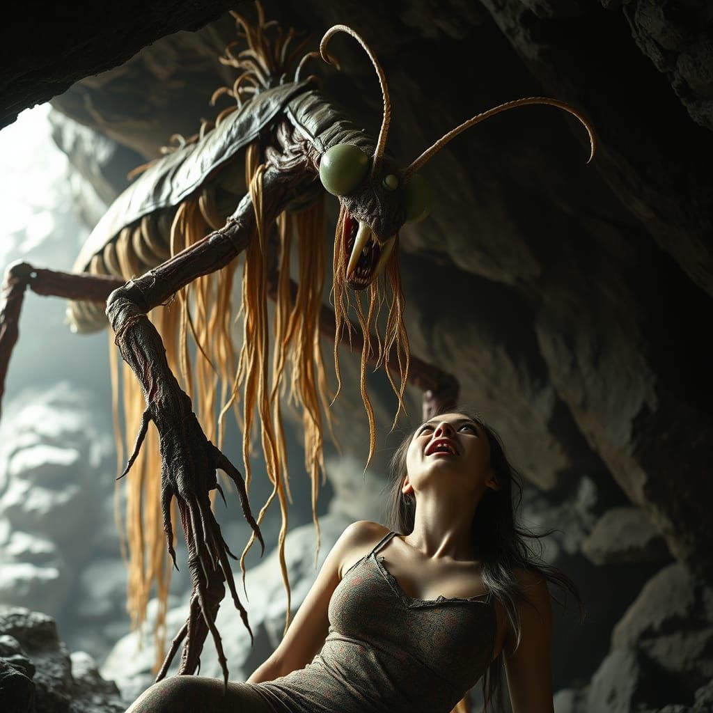 Terrifying Mantis Creature Stalks Victim in Cave