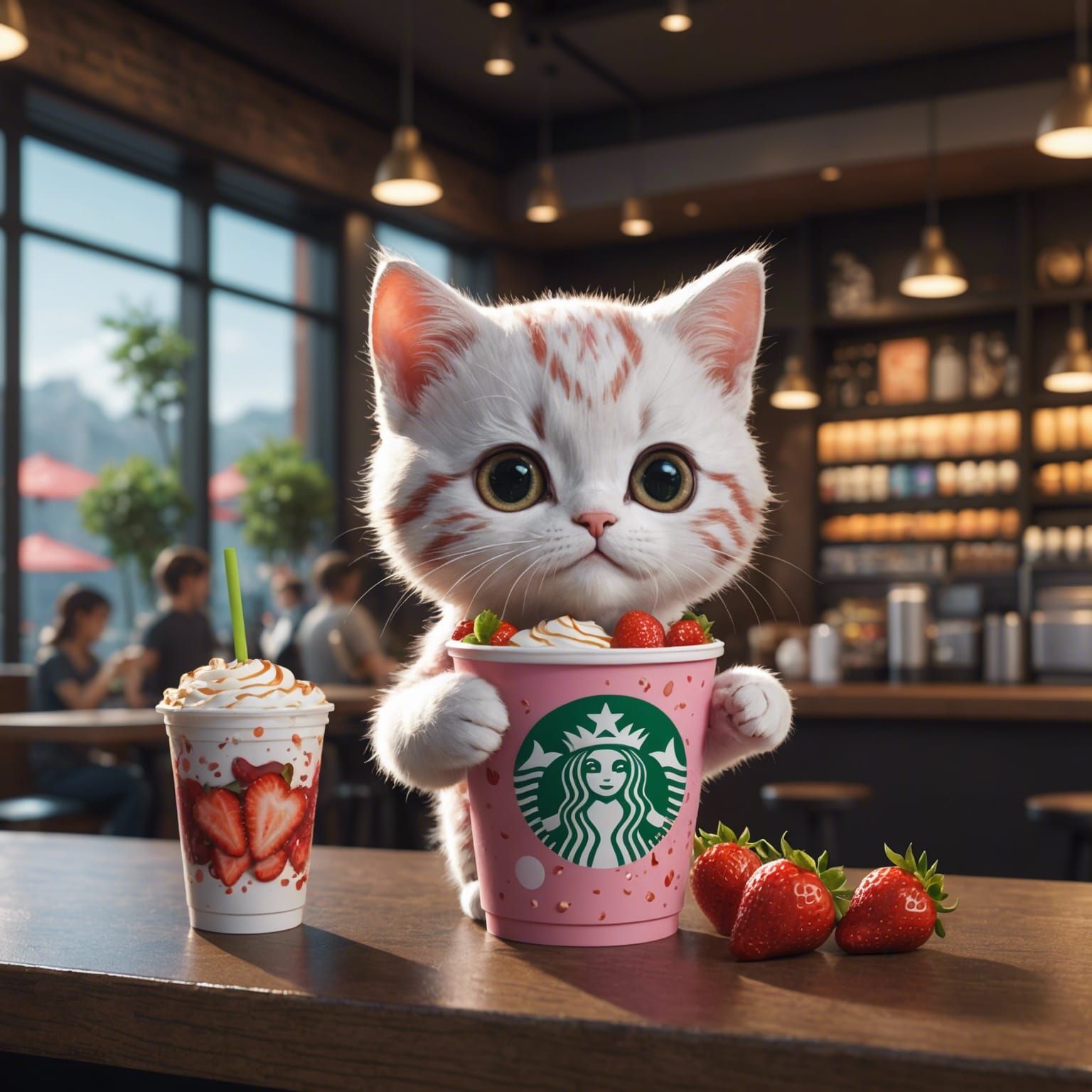 Kawaii Kitten Sipping Starbucks Drink: Detailed Digital Art