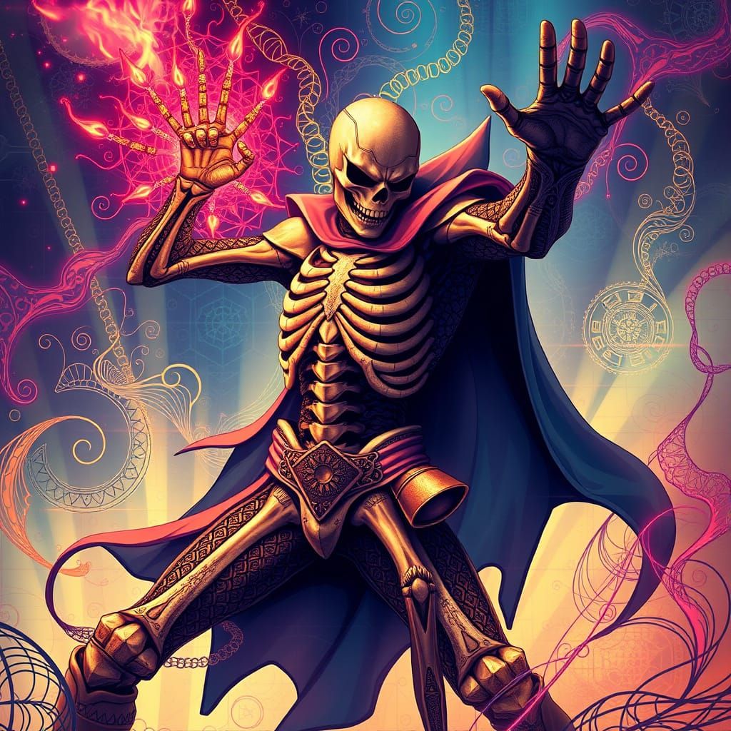 Skeletal Hero Fantaman Fights Doctor Zero in Abstract Vector...