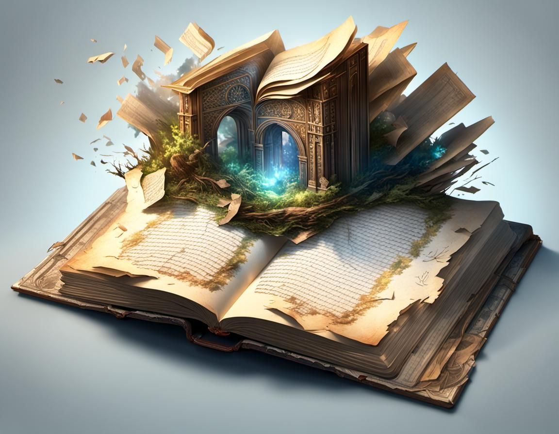 Landscape Emerges from Book, Hyperdetailed Concept Art