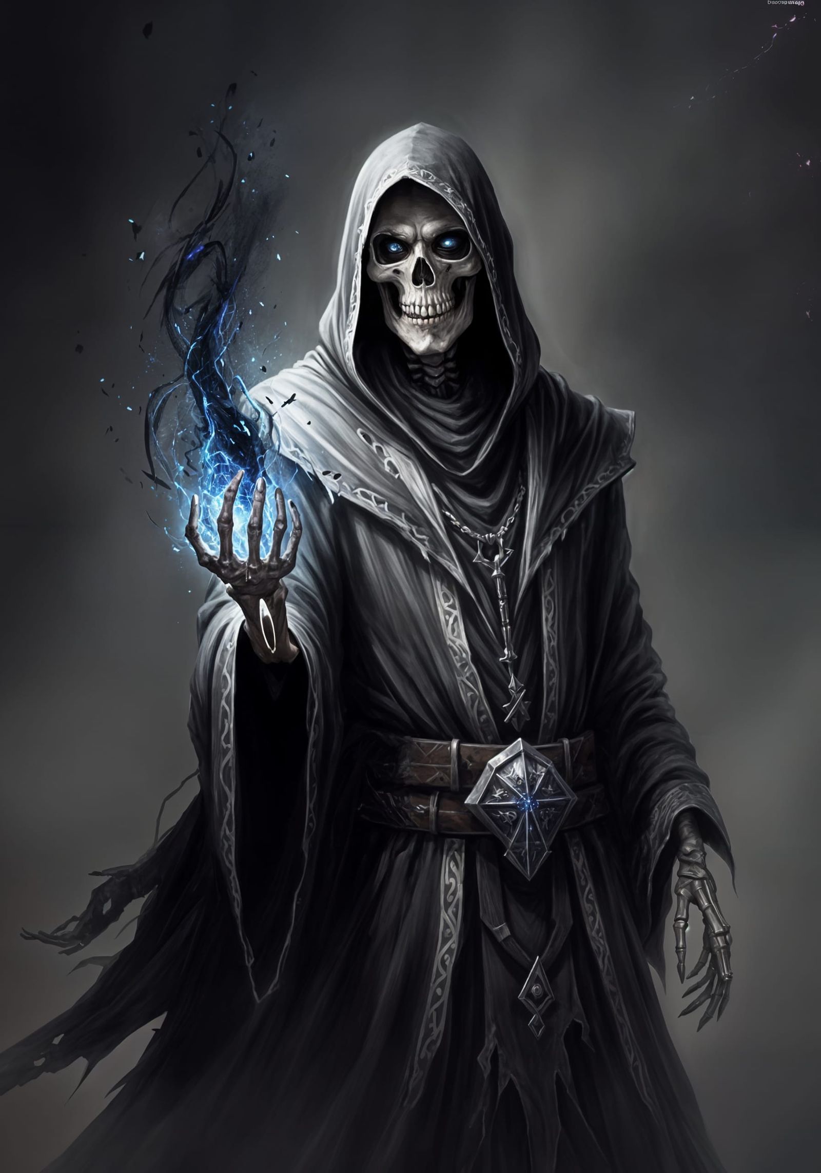 Fantasy Skeleton Sorcerer in Dark Robes Casting a Spell