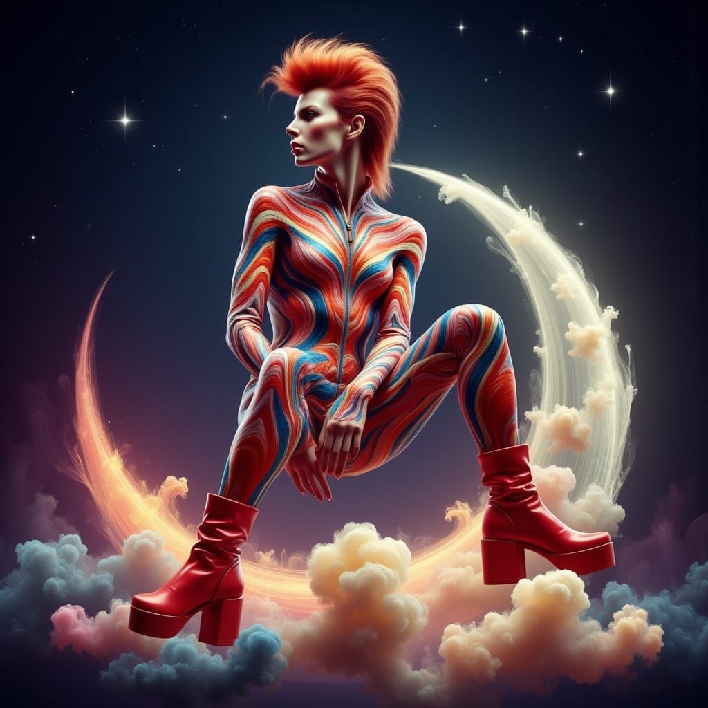 Glam Rock Icon Sits on a Glowing Moon