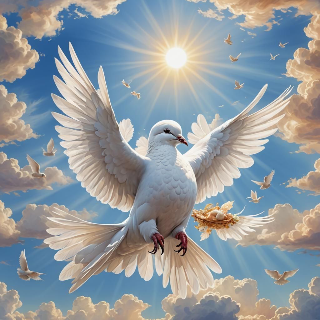 Dove Hugs Winged Baby in Sunny Sky: Hyperrealism