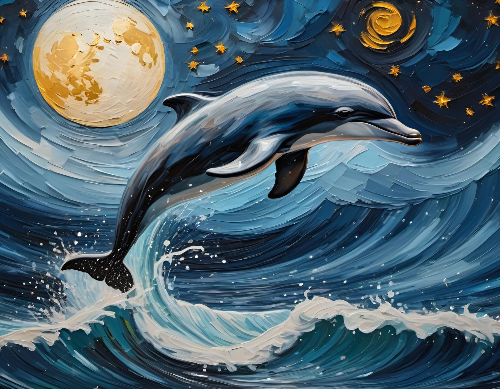 Epic Dolphin Jump Before Luminous Moon as Impasto Painting