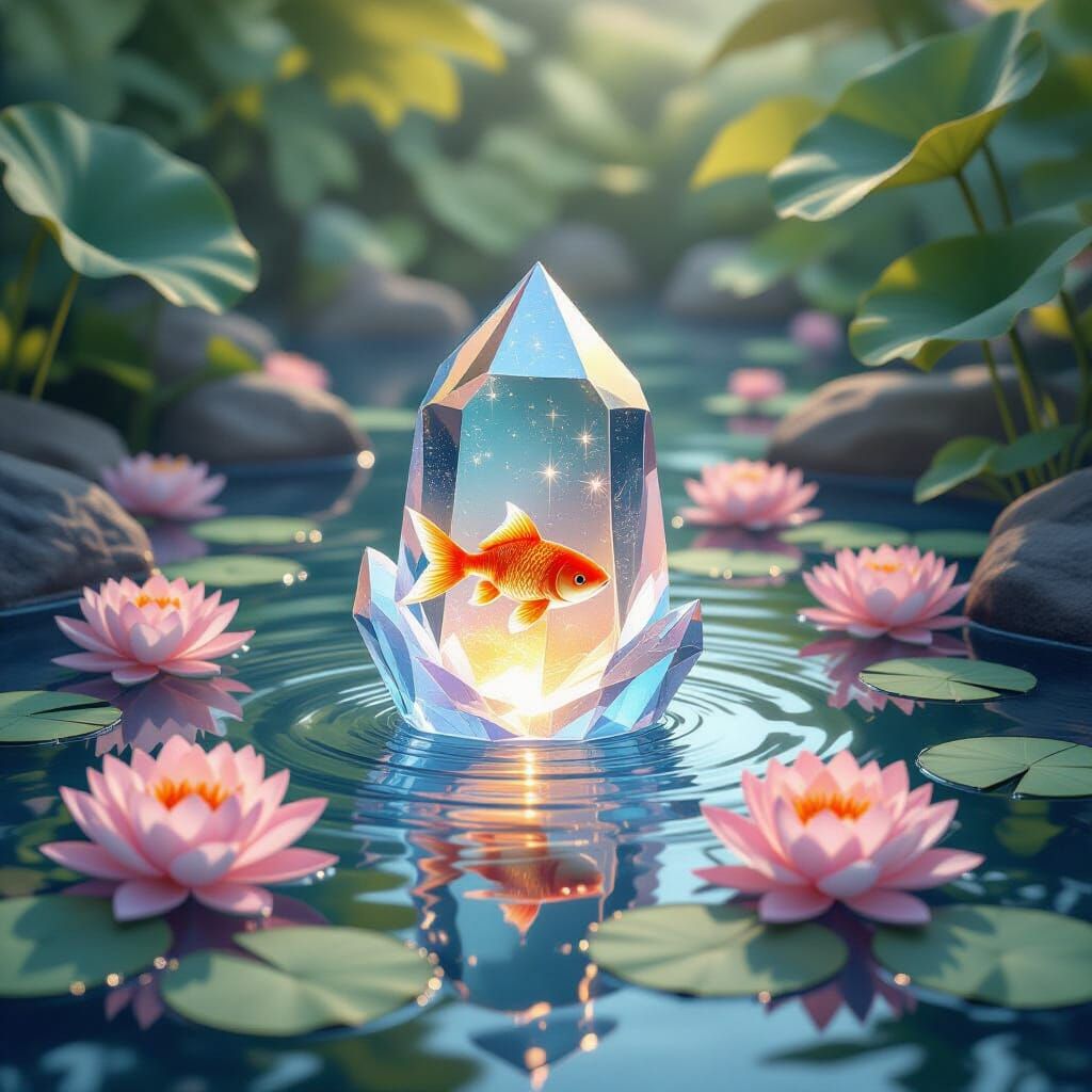 Glowing Crystal in Lotus Koi Pond: Digital Art