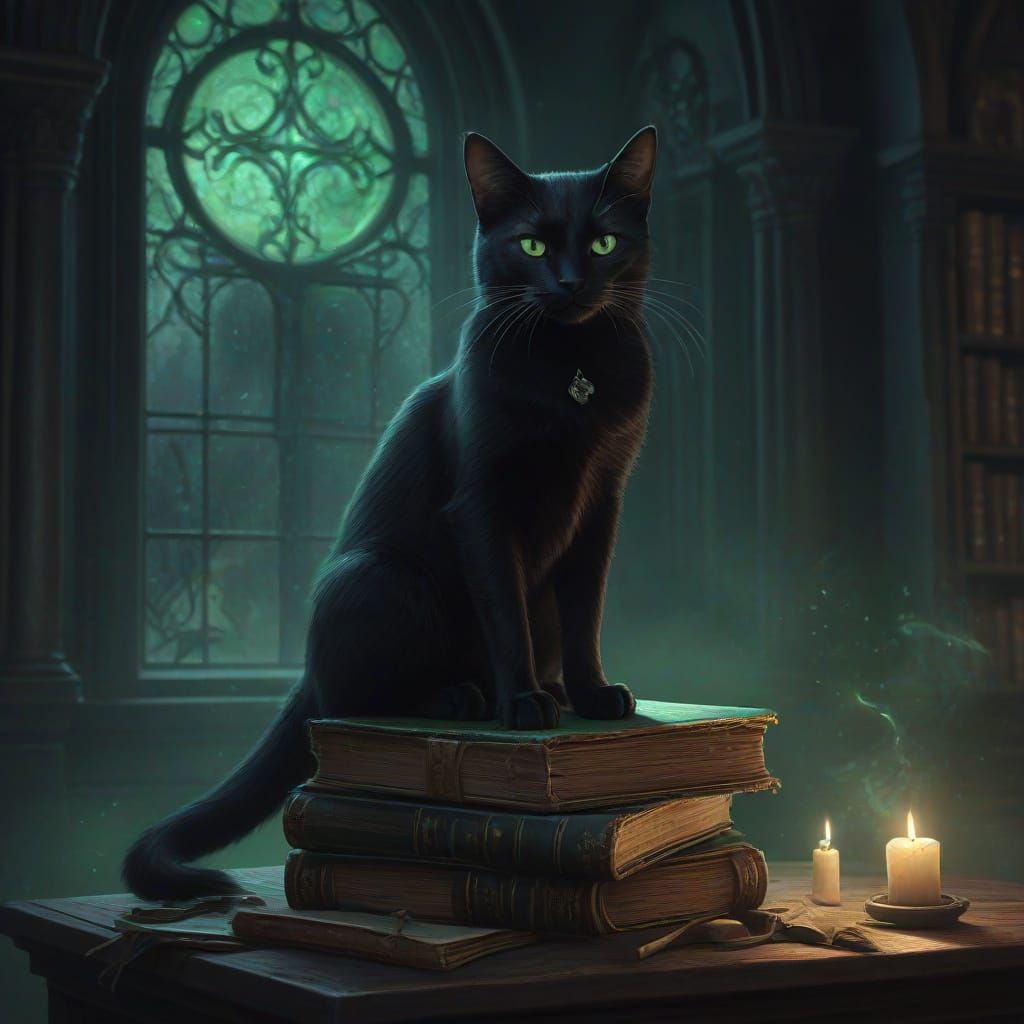 Black Cat Familiar on Grimoires in Moonlit Study