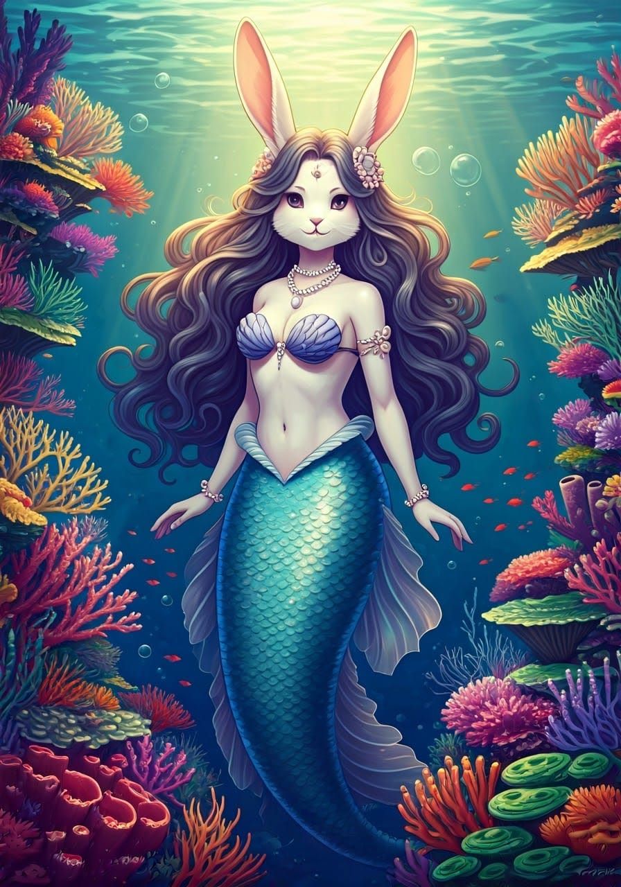 Majestic Mer-Rabbit in Anime Style Coral Reef