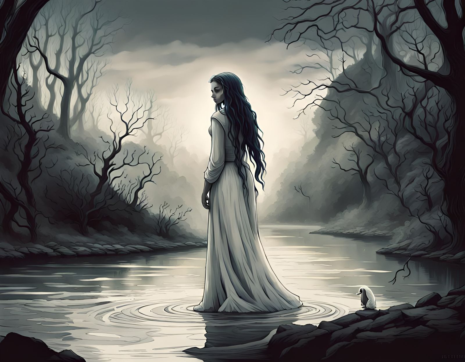 La Llorona Apparition Weeping by River in Duotone