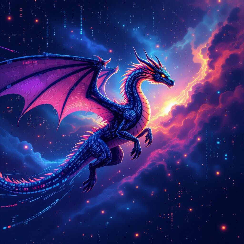 Binary Code Dragon Soars Through Data Nebula