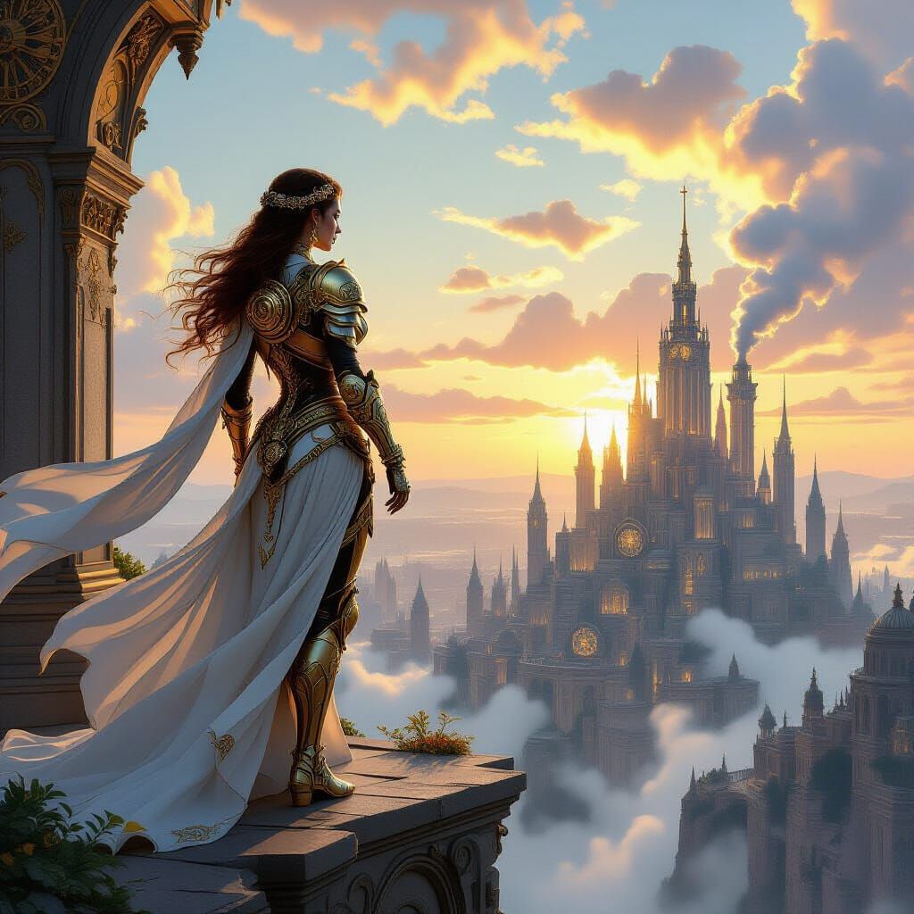 Steampunk Warrior Woman Overlooking City