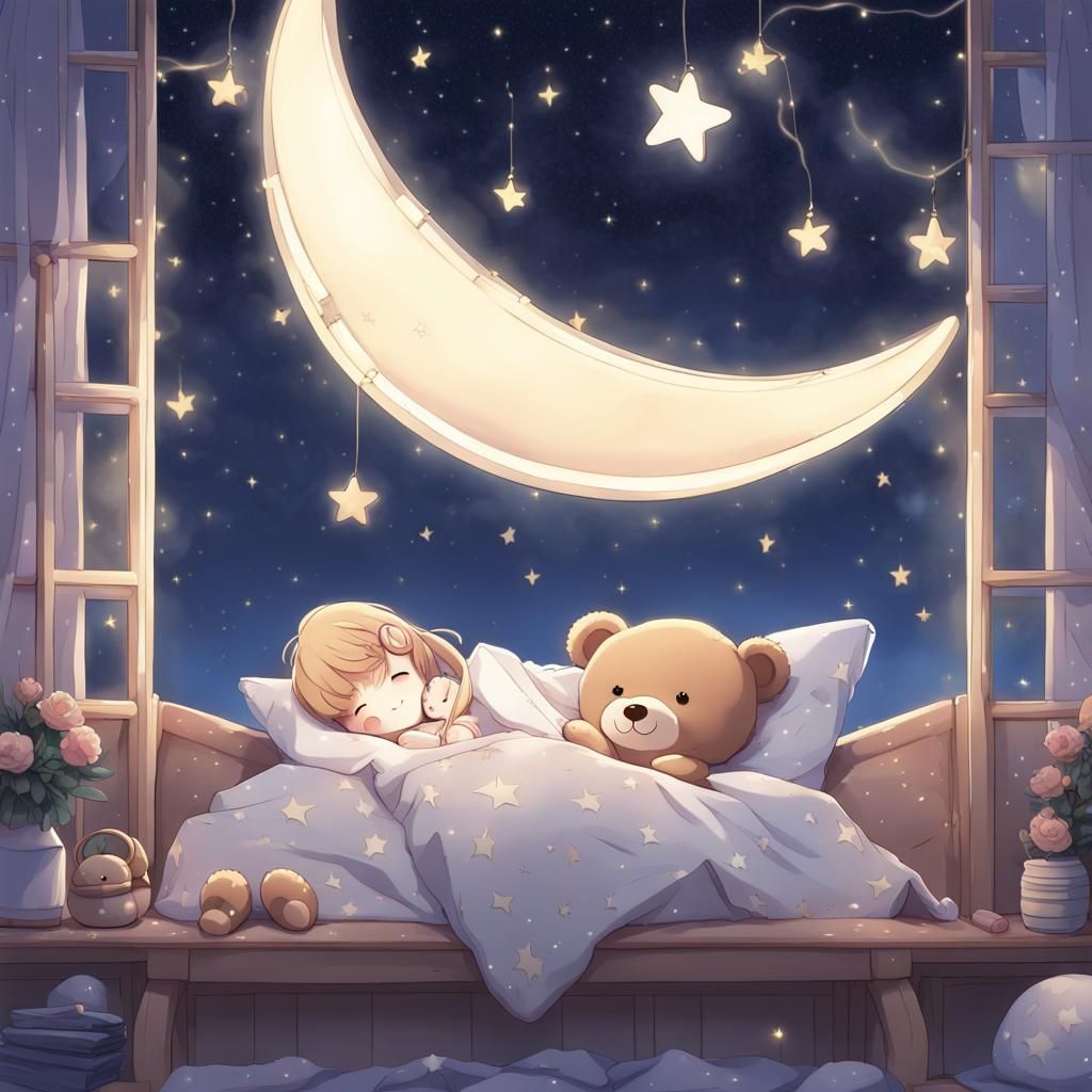 Teddy Bear Asleep on Moon in Anime Style