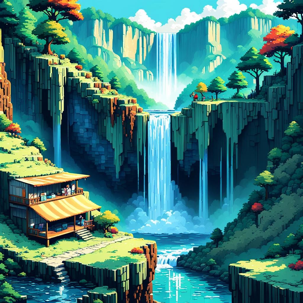 8-Bit Bedroom Overlooking Waterfall in Expressionist Style