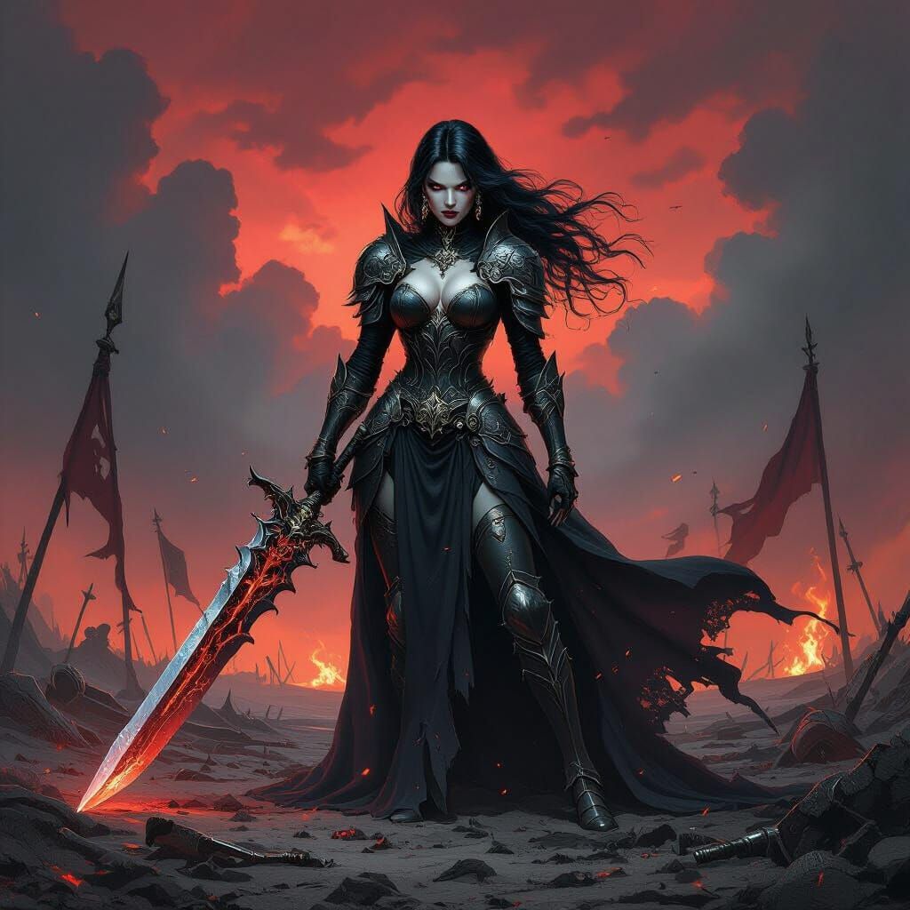 Evil Princess Wielding Sword on Desolate Battlefield