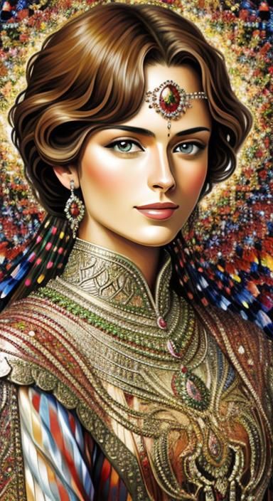 Edwardian Metallic Micromosaic Portrait in Mixed Media