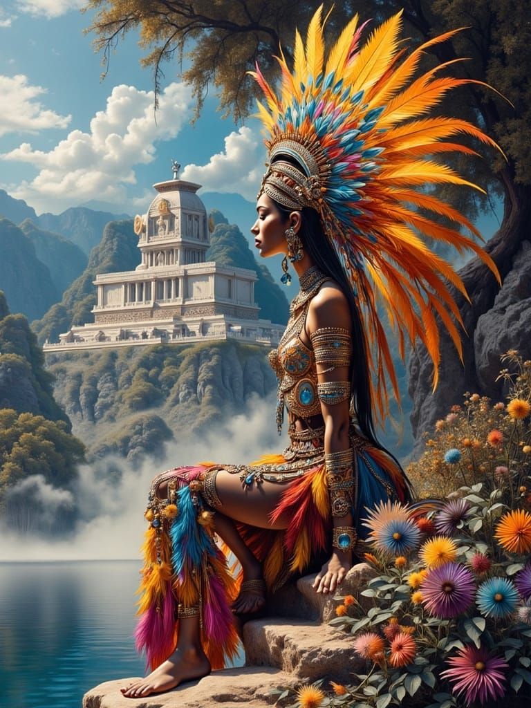 Indigenous Queen in Ornate Attire Near Ancient Temple