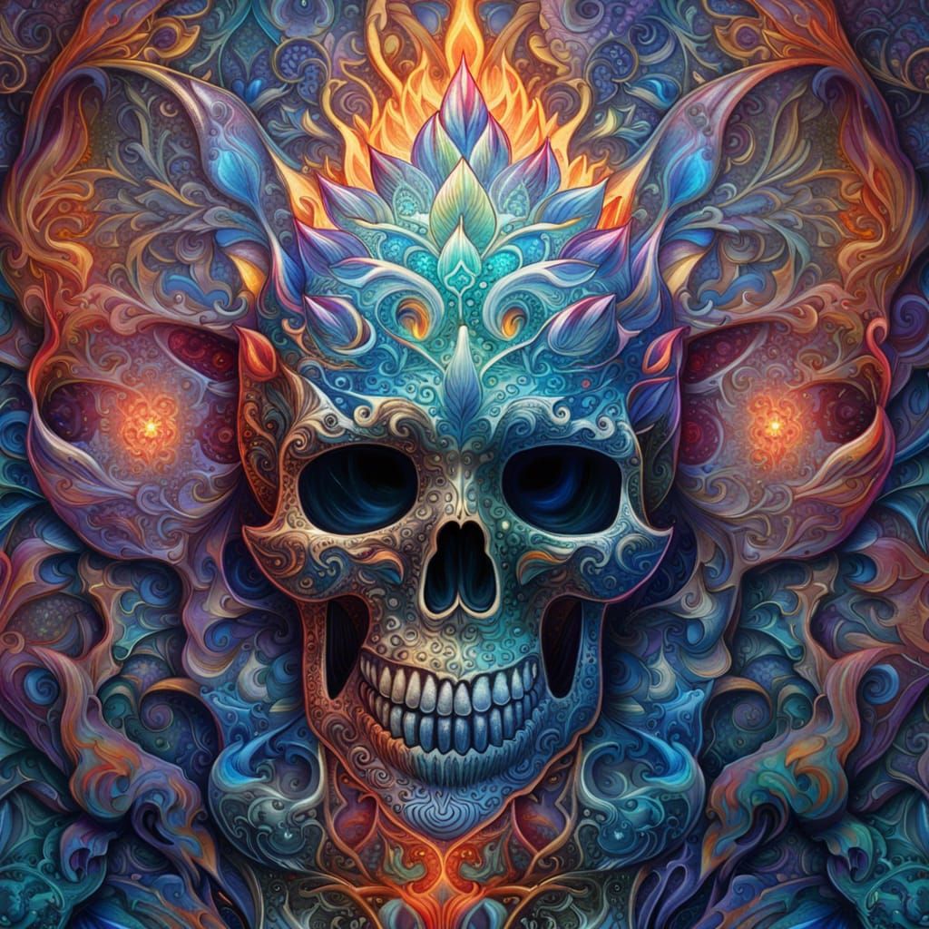 Fiery Iridescent Skull: Fantasy Acrylic Painting