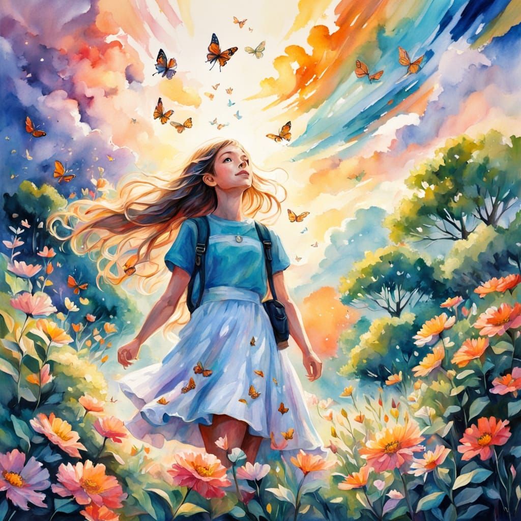 Confident Young Reader Soars in Vibrant Watercolor Garden