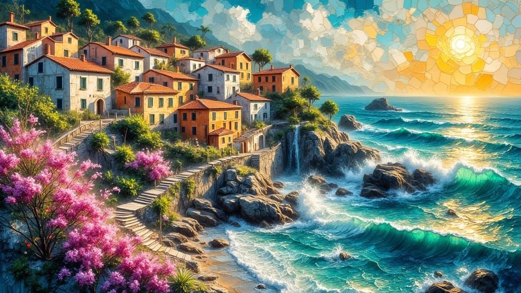 Charming Seaside Houses in Golden Sunset Light