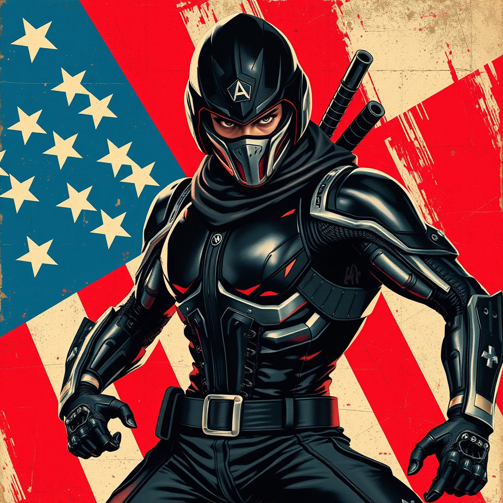 Cyborg Ninja Warrior in Patriotic Propaganda Art Style