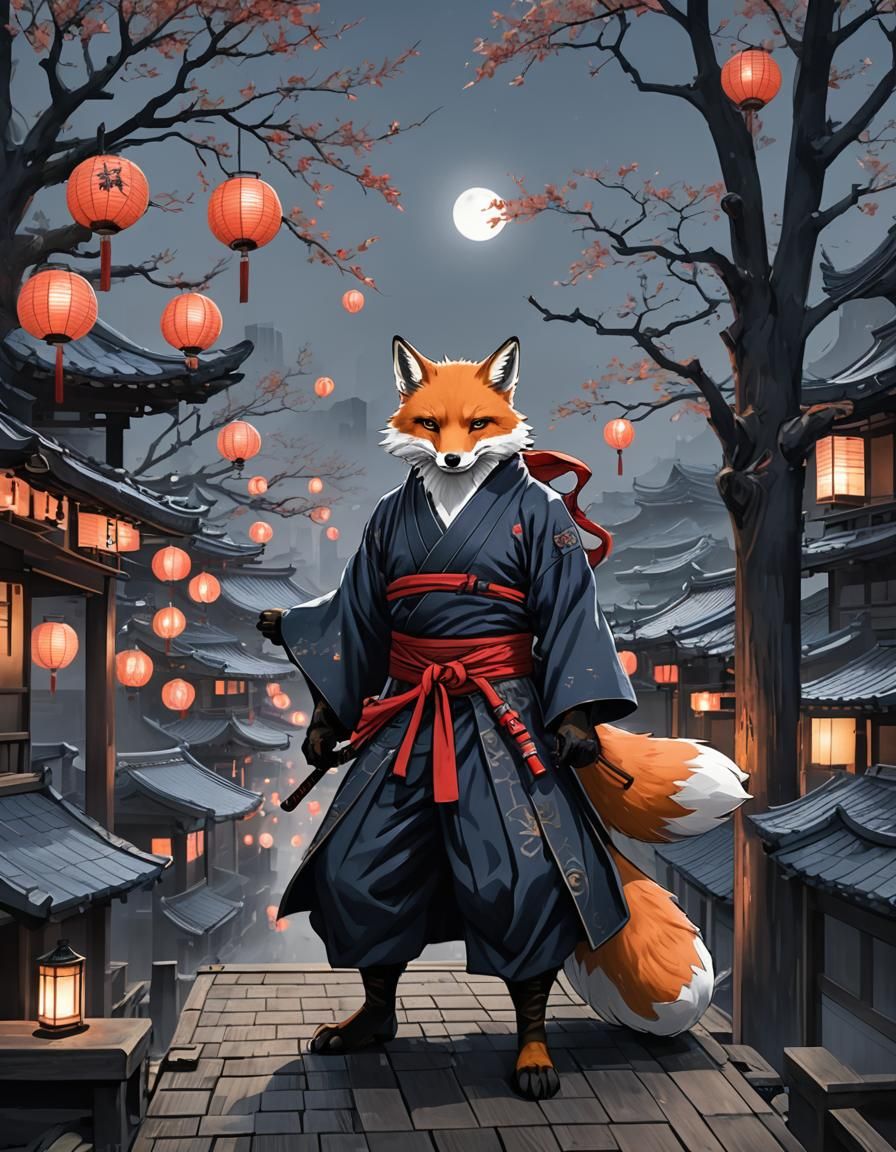 Mystical Nine-Tailed Fox Shinobi in Anime Style