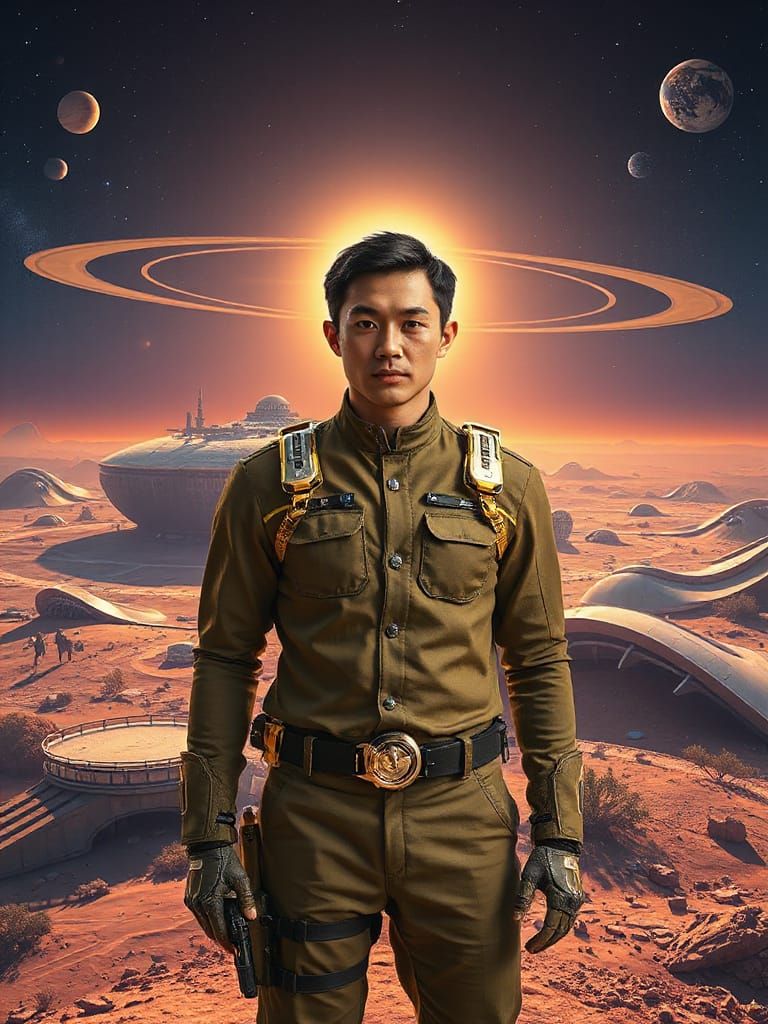 Japanese Man in Futuristic Attire Stands on Alien Landscape