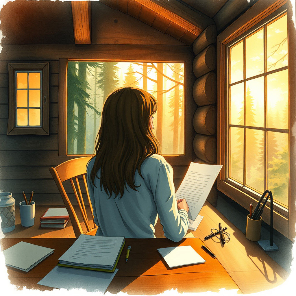 Cozy Cabin Scene with Woman in Window, Watercolor Style