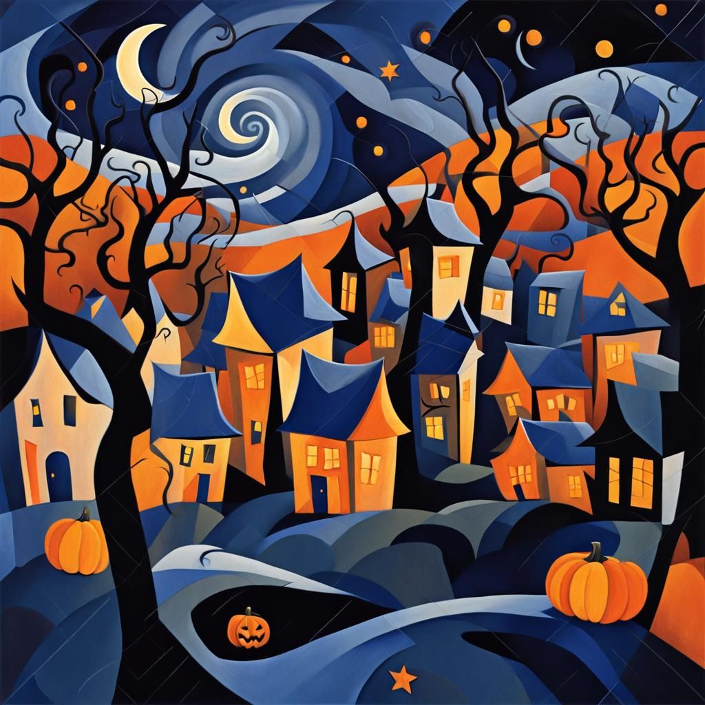 Cubist Halloween Night in Picasso Style