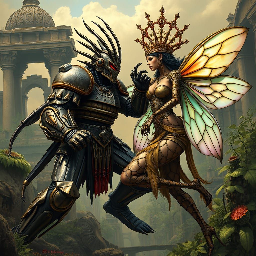 Mythical Warrior King Battles Iridescent Queen Bee in Ruins