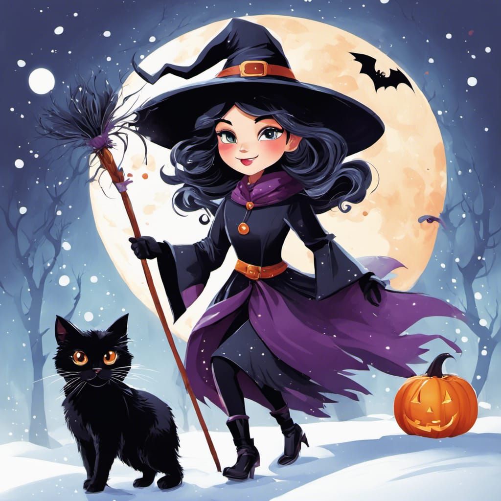 Charming Halloween Witch and Cat in Winter Snow
